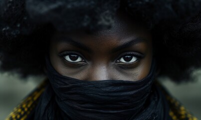 Close-up portrait of African black woman wearing mask, black lives matter concept