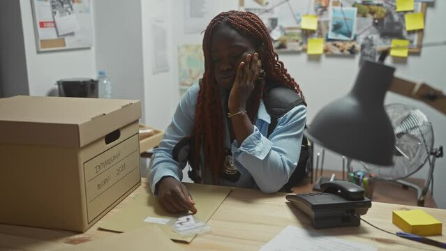African american woman detective contemplating evidence in an office