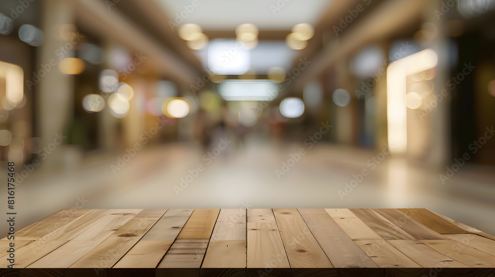 Poster wooden board empty table in front of blurred background perspective light wood table over blur in sh