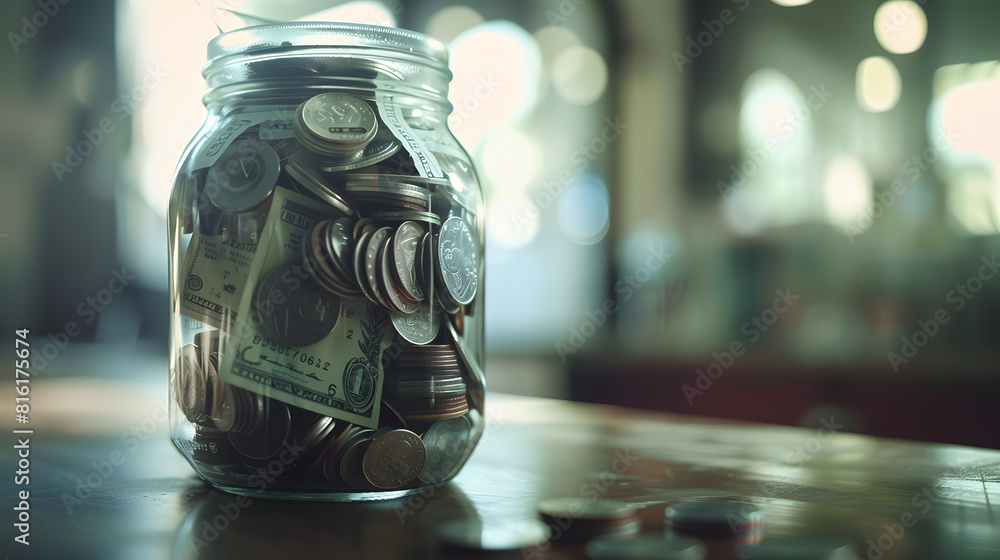 Poster big jar full of us notes and coins standing on empty worktable closeup : generative ai