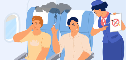 Stewardess asking male passenger to stop smoking in airplane on board vector illustration. Flight attendant scolding man characters who breaking rules in air plane