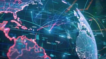 A rotating 3D globe highlighting different stock exchanges around the world, with lines showing connections and activity, 4K stock market graph Background High-Quality Hyper-realistic Animation Video - Powered by Adobe