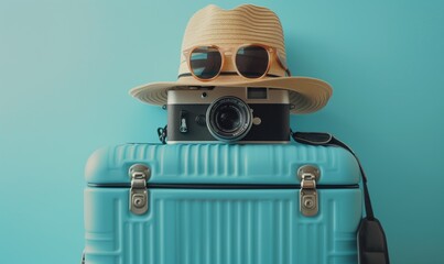 Suitcase or luggage bag with sun glasses, hat and camera on pastel mint background for copy space, summer vacation concept