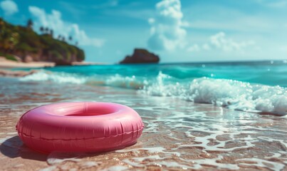 Pink inflatable ring floating along sandy beach. Tropical sea coast. Summer vacation at the ocean
