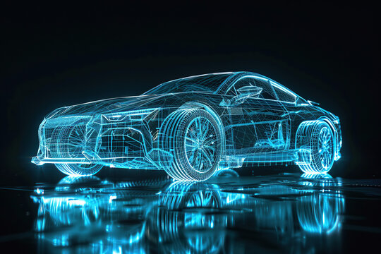 3D rendering of holographic blue car on dark background