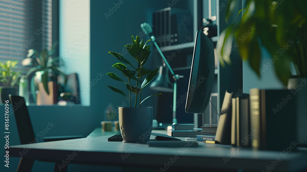 Poster stylish workspace with desktop computer office supplies houseplant and books at office desk work con