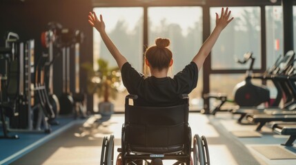 Happy handicapped woman on a wheelchair over a green meadow - Powered by Adobe