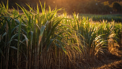 Fototapeta premium Warm Sunlight on Sugar Cane, Illuminating the Harvest Fields