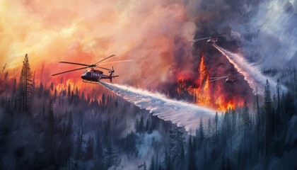 Helicopters dropping water on a forest fire at sunset, with smoke and flames