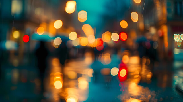 Blurred old city pedestrian street and night city lights after rain : Generative AI