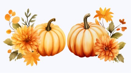 Naklejka premium Two vibrant orange pumpkins adorned with flowers and leaves in a lush watercolor
