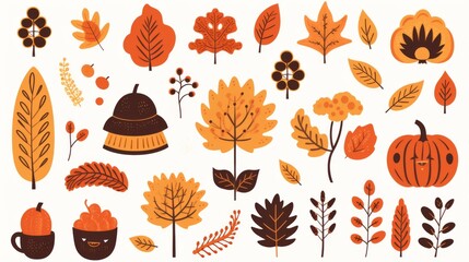 A playful and modern flat design set featuring autumn botanicals and seasonal obj