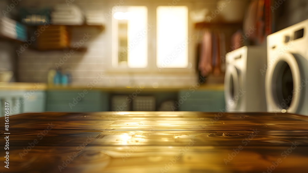 Aufkleber Background for design with empty table on blur laundry room : Generative AI