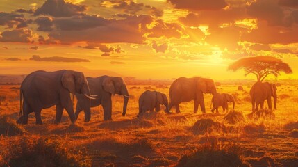 Fototapeta premium Herd of elephants marching in the golden light of a setting sun with vibrant skies highlighting the serene savannah