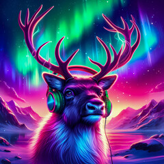 Digital art vibrant colorful reindeer wearing headphones listening to music with northern lights background