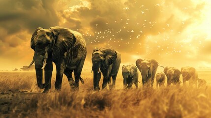A cohesive family of elephants leading the way under a flock of birds in a dramatic yellow-toned landscape