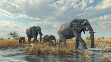 Calm herd of elephants ambling through serene waters, with reflections and clear blue skies