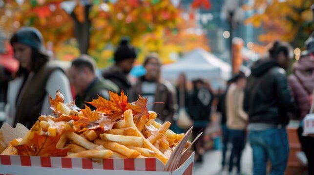 Vibrant Street Food Festival in Toronto Featuring Maple Leaf Decorated Stall Serving Poutine to a Diverse Crowd