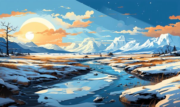 Landscape flat design front view arctic tundra theme cartoon drawing Tetradic color scheme
