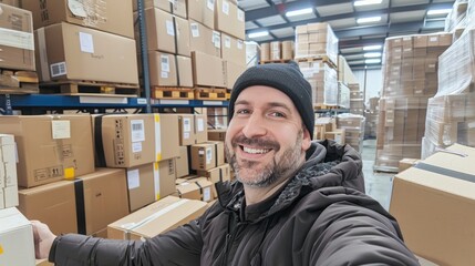 A warehouse smiling man worker is taking selfie on a working place