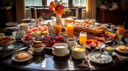 Naklejka premium A sumptuously laid breakfast table with a wide variety of food, showcasing a relaxed and lavish morning scene