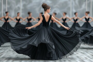 Group of Dancers in Black Dresses in Front of Mirror