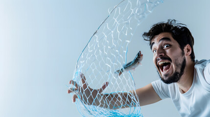 Funny guy with catching net on white : Generative AI