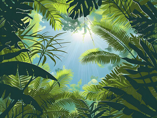 Stunning Upward View in Dense Tropical Rainforest Canopy with Sunlight Piercing Through Lush Green Foliage and Tropical Leaves Creating a Vibrant and Serene Nature