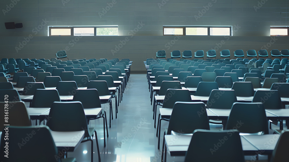 Poster Wide angle shot of a university classroom with rows of chairs and desks : Generative AI