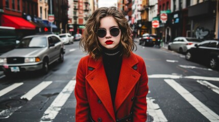 Obraz premium Outdoor close up portrait of young beautiful woman wearing trendy sunglasses, model posing in street of american city. Copy, empty space for text