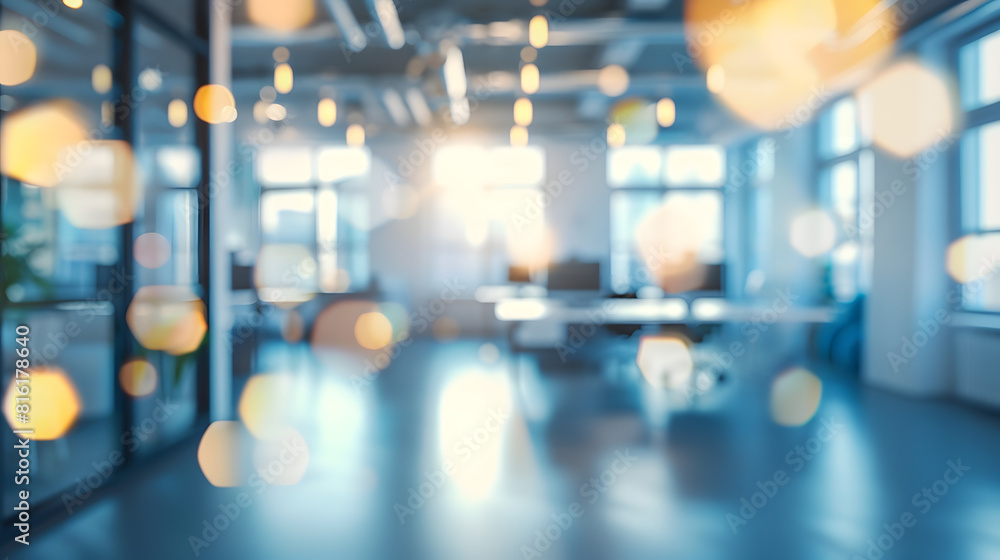 Poster Blurred empty open space office Abstract light bokeh at office interior background for design : Generative AI