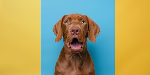Happy dog on a pastel background. Hungarian Vizsla breed, Beautiful cute animal with emotions of joy, concept: postcard banner copy space