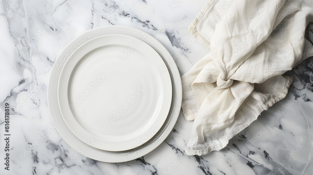 Poster empty white plate and napkin on light grey marble table flat lay : generative ai