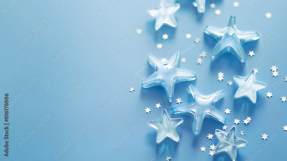 Poster stars on a bright pastel blue shiny background the view from the top minimalism selective focus : ge