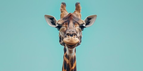 Giraffe muzzle on a pastel background, Beautiful cute animal with emotions, concept: postcard banner copy space