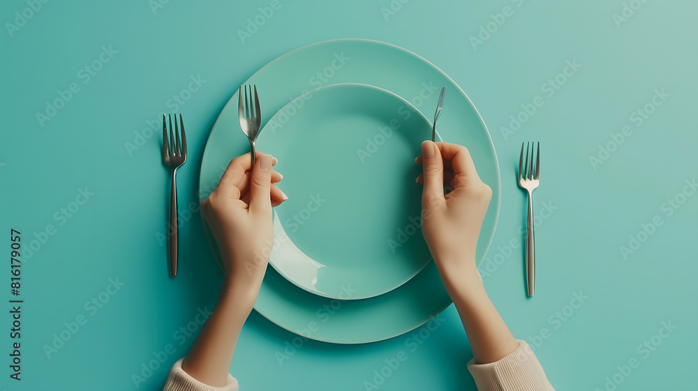 Aufkleber female hands with cutlery and empty plate on turquoise background : generative ai