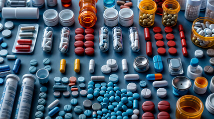 A table full of pills and tablets of various colors and shapes