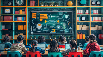 The image shows a classroom full of students sitting at desks, with a large screen hanging on the wall in front of them. The screen displays various icons representing different subjects