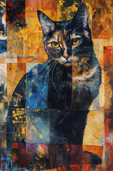 A vibrant poster of a cat set against a colorful abstract background, showcasing intricate details and playful expressions