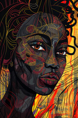 An illustration featuring a dark-skinned woman with intricate designs on her face and hair. Poster design