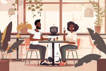 A man and woman are seated at a table, there's a robot waiter
