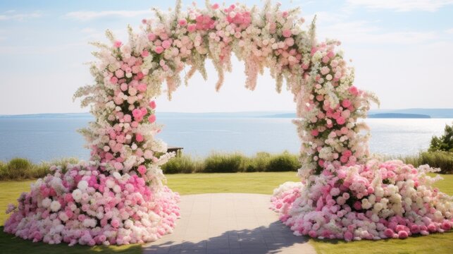 A stunning seaside floral archway offering panoramic ocean views creates a breathtaking setting for events