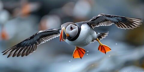 Puffin flying in the air with snow on its beak