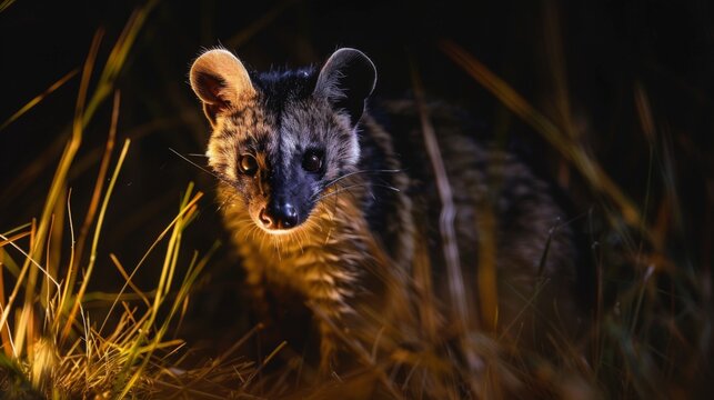 A Civet piercingly stares out from the shadowy background, illuminated by a bold dramatic lighting effect