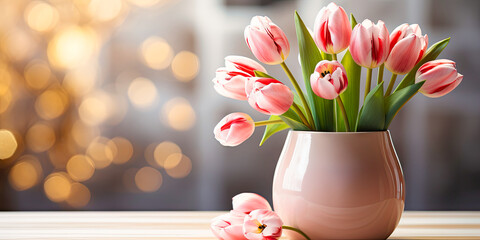 A bouquet of pink beautiful tulip flowers in a beige vase