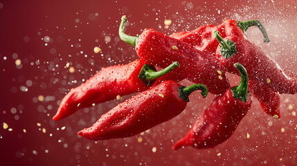 group of red peppers falling from the sky and landing on a dark background