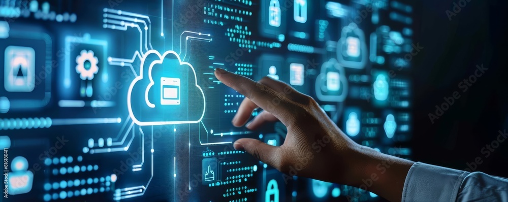 Aufkleber cybersecurity cloud technology concept, hand touching digital screen with secure data icons in neon 