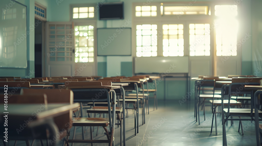 Aufkleber lecture room or school empty classroom with desks and chair iron wood for studying lessons in high s