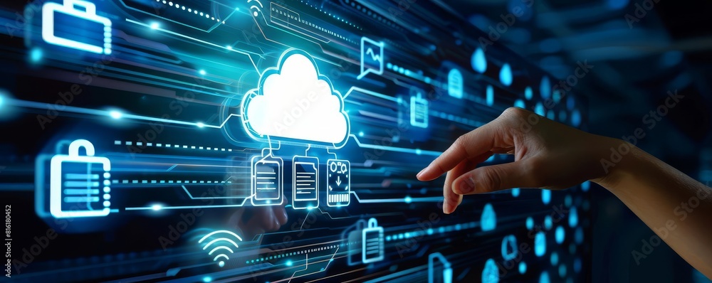 Poster cybersecurity cloud technology concept, hand touching digital screen with secure data icons in neon 