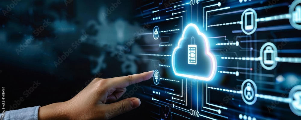 Poster cybersecurity cloud technology concept, hand touching digital screen with secure data icons in neon 